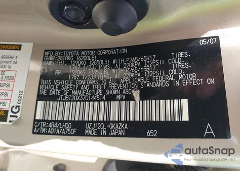 2007 Lexus Gx 470 from USA, damaged, VIN JTJBT20X370144514